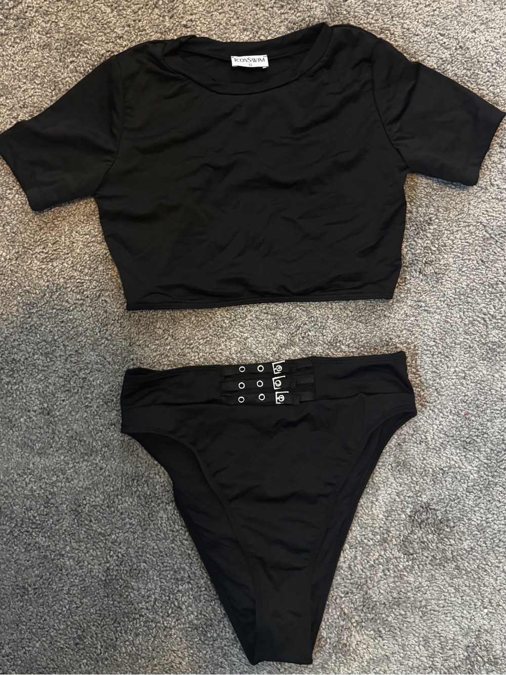 Icon swim Black Two-Piece swim with High-Waist Buckle Bottoms - NEW